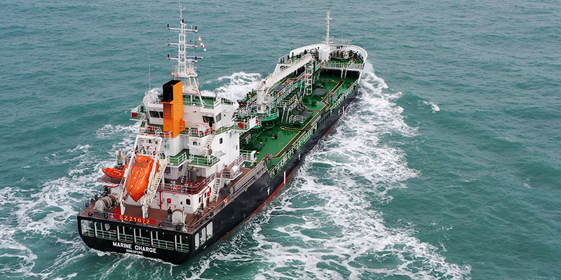 hybrid bunker barge vessel at sea