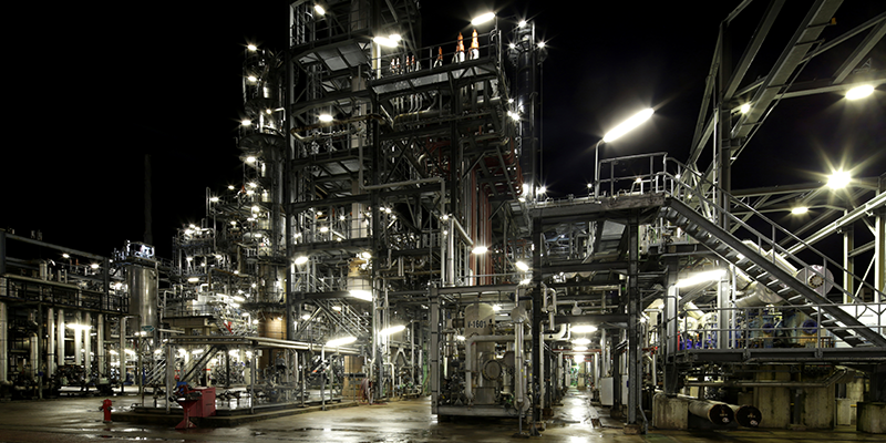 View of a refinery lit at night